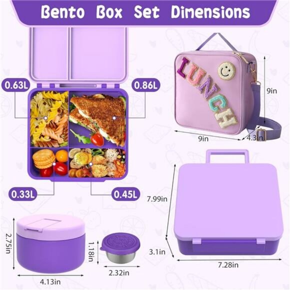 Kids Bento Lunch Box Set with Thermo Food Jar Leakproof School Lunch Bag - Picture 3 of 8